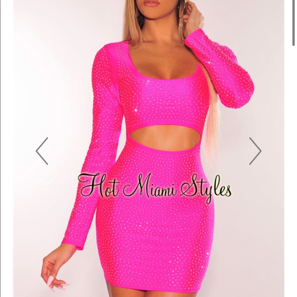 Neon pink silver rhinestone cut out dress